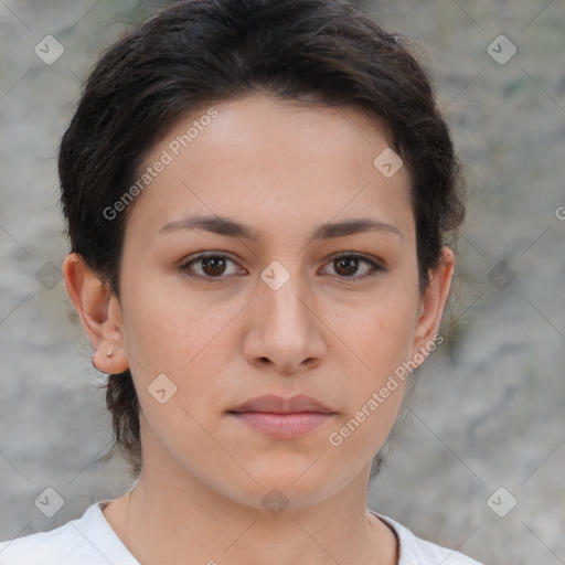 Neutral white young-adult female with medium  brown hair and brown eyes