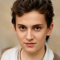 Joyful white young-adult male with medium  brown hair and brown eyes