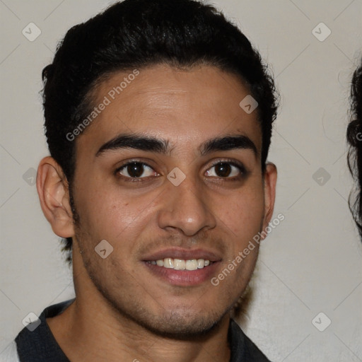 Joyful latino young-adult male with short  brown hair and brown eyes