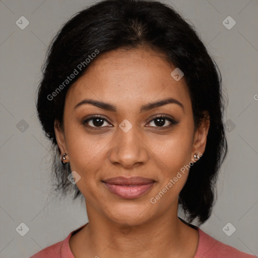 Joyful black young-adult female with medium  brown hair and brown eyes