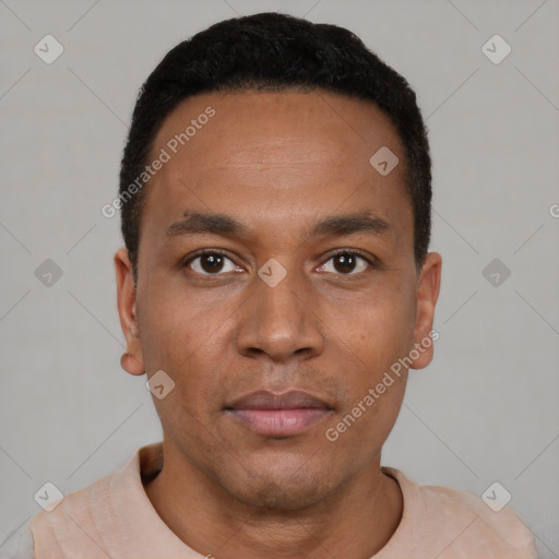 Neutral latino young-adult male with short  black hair and brown eyes