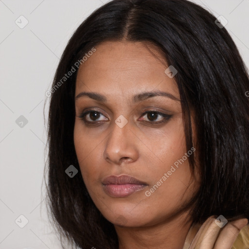 Neutral asian young-adult female with long  brown hair and brown eyes