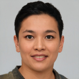 Joyful asian young-adult female with short  brown hair and brown eyes