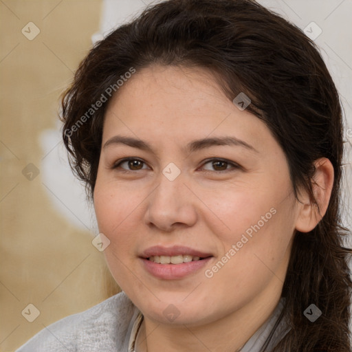 Joyful white adult female with medium  brown hair and brown eyes