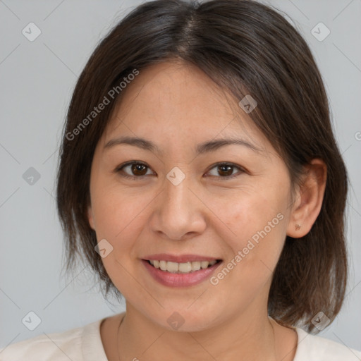 Joyful white young-adult female with medium  brown hair and brown eyes