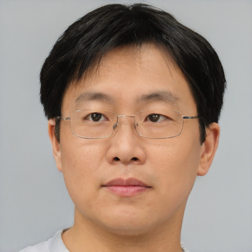 Neutral asian adult male with short  brown hair and brown eyes