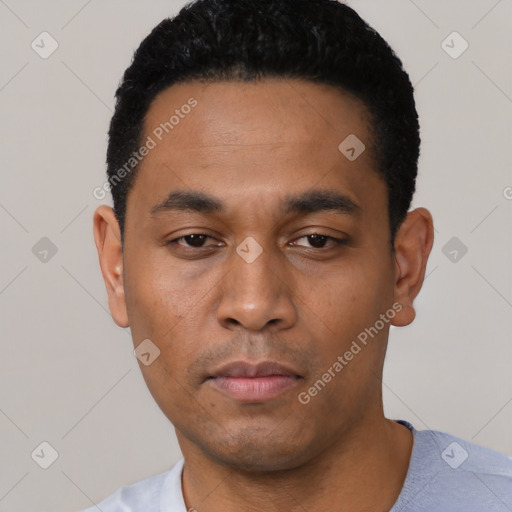 Neutral latino young-adult male with short  black hair and brown eyes