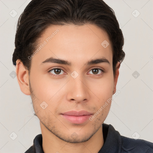 Neutral white young-adult male with short  brown hair and brown eyes