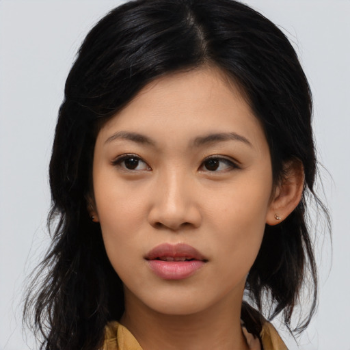 Neutral asian young-adult female with medium  black hair and brown eyes