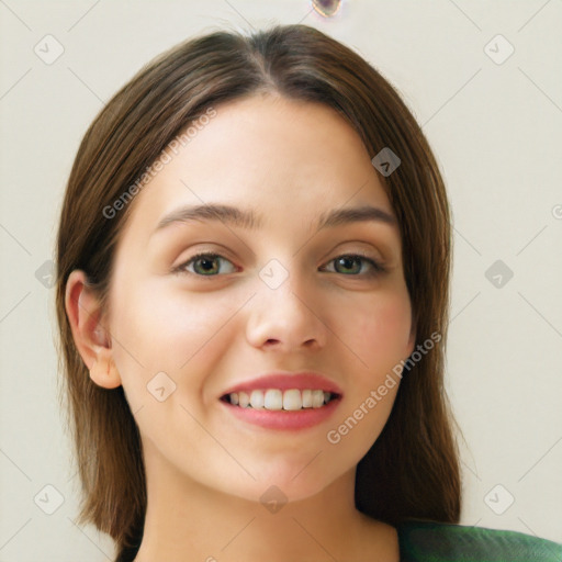 Joyful white young-adult female with medium  brown hair and green eyes