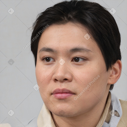 Neutral asian young-adult female with medium  brown hair and brown eyes