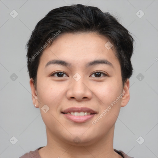 Joyful asian young-adult female with short  brown hair and brown eyes