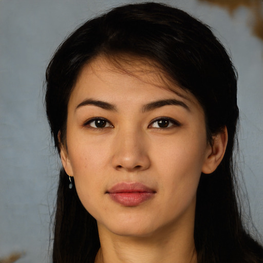 Neutral asian young-adult female with long  black hair and brown eyes