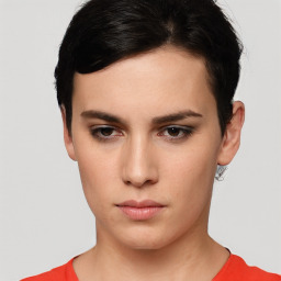 Neutral white young-adult female with short  brown hair and brown eyes