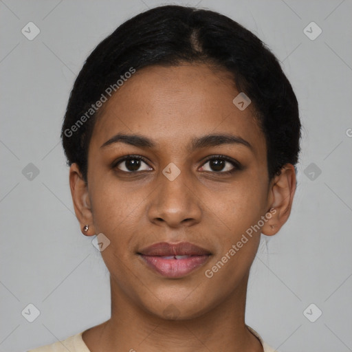 Joyful latino young-adult female with short  black hair and brown eyes