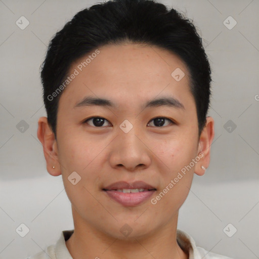 Joyful asian young-adult male with short  brown hair and brown eyes