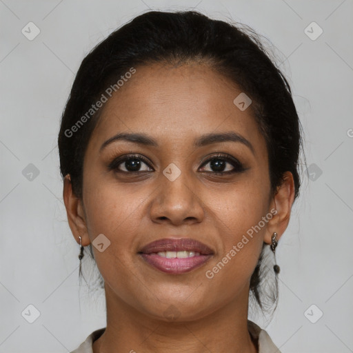 Joyful black young-adult female with medium  brown hair and brown eyes