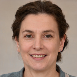 Joyful white adult female with medium  brown hair and grey eyes