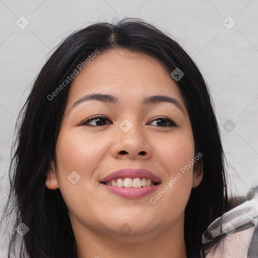 Joyful asian young-adult female with long  brown hair and brown eyes