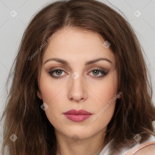 Neutral white young-adult female with long  brown hair and brown eyes