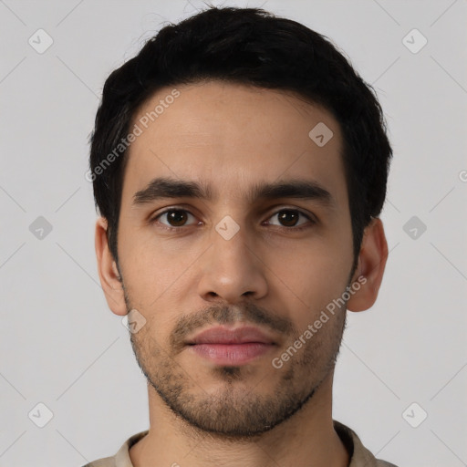 Neutral latino young-adult male with short  black hair and brown eyes