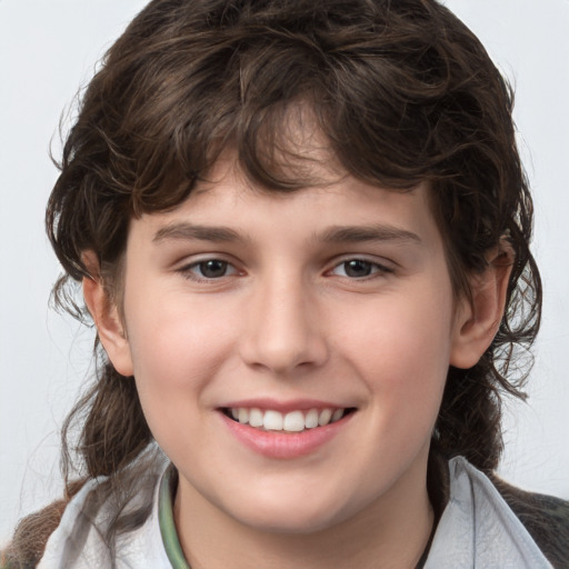 Joyful white child female with medium  brown hair and brown eyes