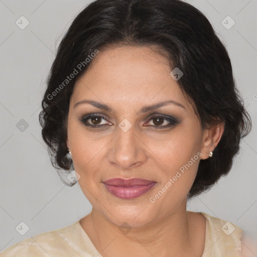 Joyful white adult female with medium  brown hair and brown eyes