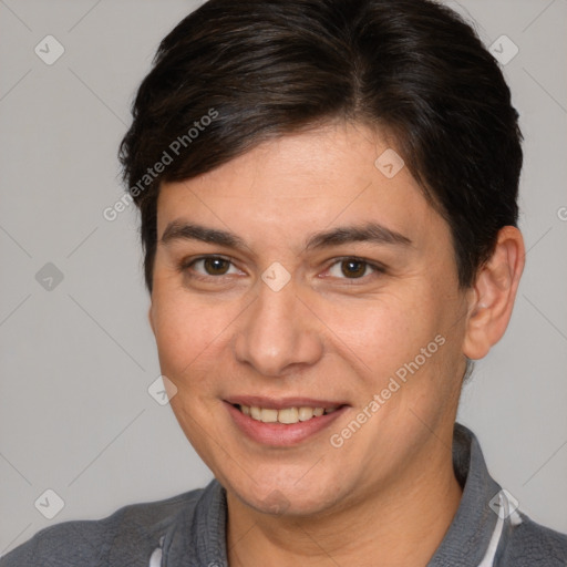 Joyful white young-adult female with short  brown hair and brown eyes