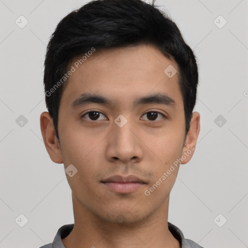 Neutral asian young-adult male with short  black hair and brown eyes