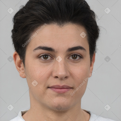 Joyful white young-adult female with short  brown hair and brown eyes