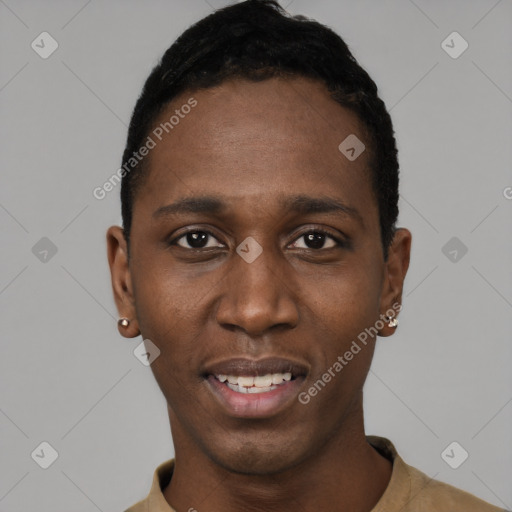 Joyful black young-adult male with short  black hair and brown eyes