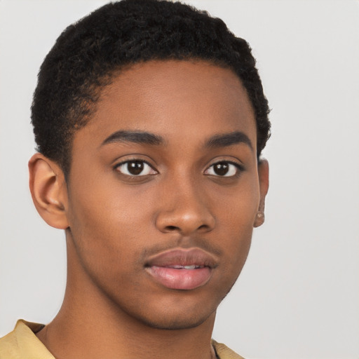 Neutral black young-adult male with short  brown hair and brown eyes