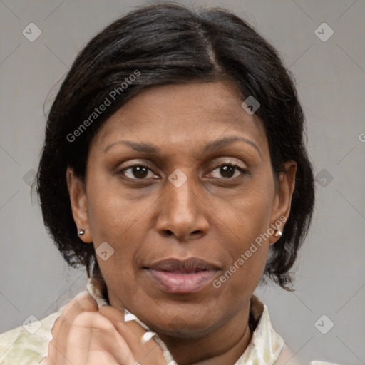 Joyful asian adult female with medium  brown hair and brown eyes