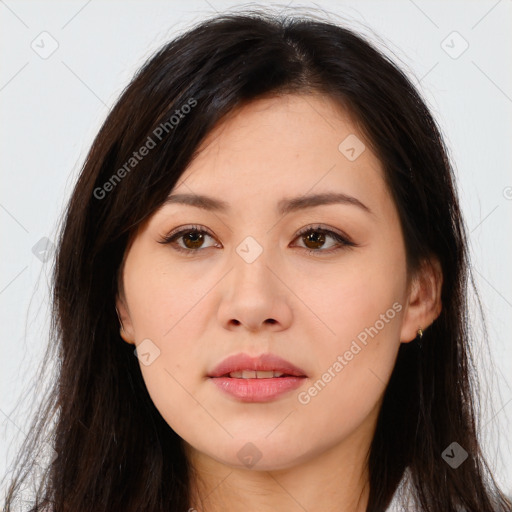 Joyful white young-adult female with long  brown hair and brown eyes