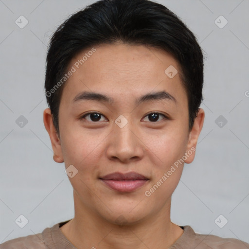 Joyful asian young-adult female with short  brown hair and brown eyes