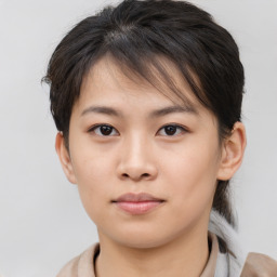 Neutral asian young-adult female with medium  brown hair and brown eyes