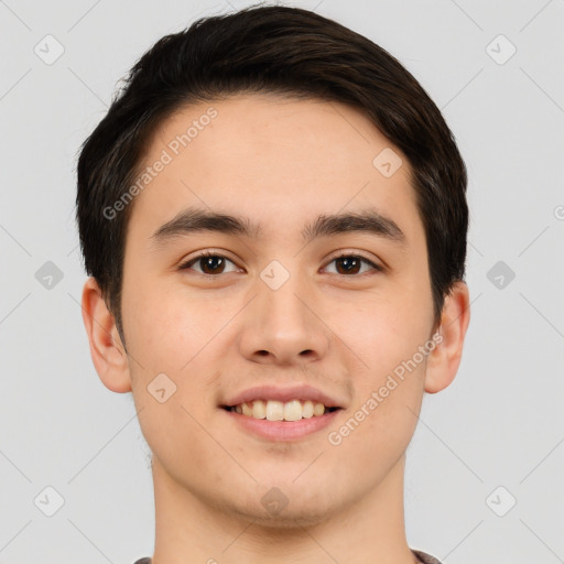 Joyful white young-adult male with short  brown hair and brown eyes