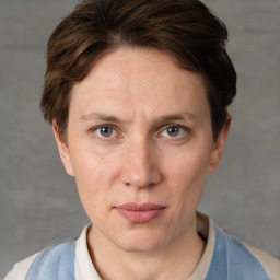 Joyful white adult female with short  brown hair and grey eyes