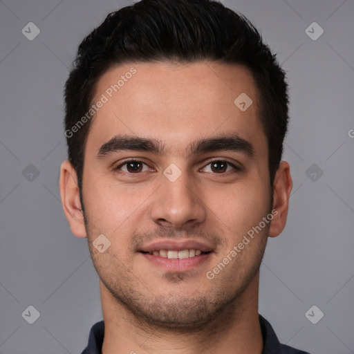 Joyful white young-adult male with short  brown hair and brown eyes