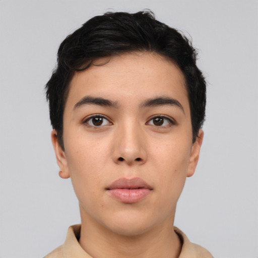 Neutral asian young-adult female with short  black hair and brown eyes