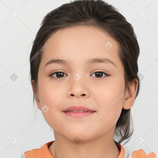 Joyful white child female with medium  brown hair and brown eyes