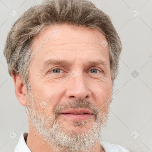 Neutral white middle-aged male with short  brown hair and grey eyes