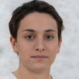 Neutral white young-adult female with short  brown hair and brown eyes