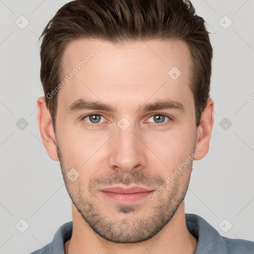 Neutral white young-adult male with short  brown hair and grey eyes