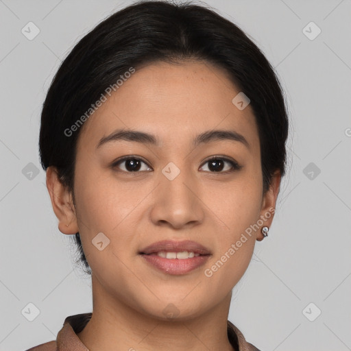 Joyful white young-adult female with medium  black hair and brown eyes