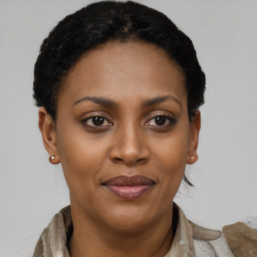 Joyful black young-adult female with short  brown hair and brown eyes