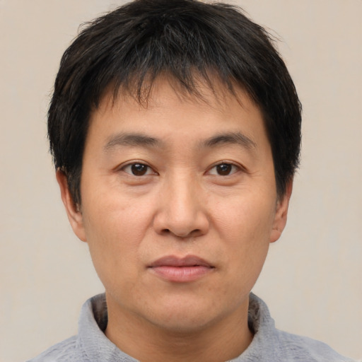 Neutral asian adult male with short  brown hair and brown eyes