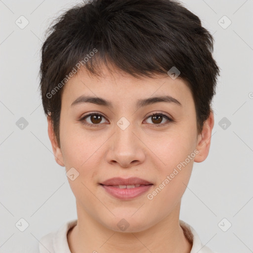 Joyful white young-adult female with short  brown hair and brown eyes