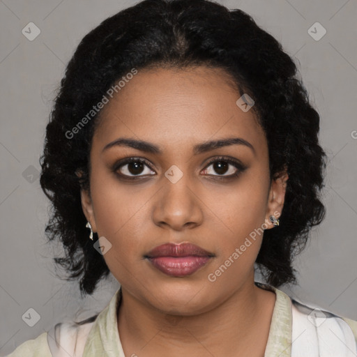 Joyful black young-adult female with medium  black hair and brown eyes