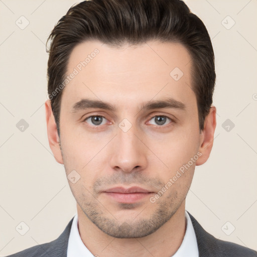 Neutral white young-adult male with short  brown hair and brown eyes